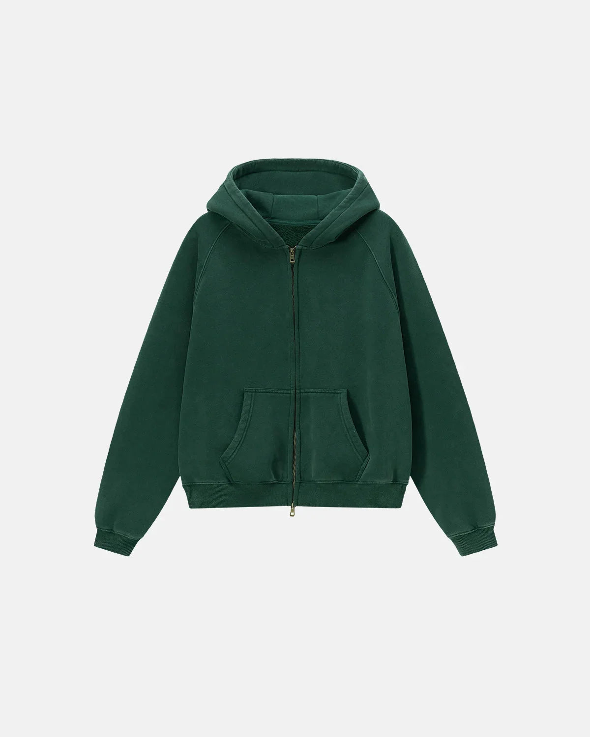 Boxy raglan zip-up hoodie shown from the front