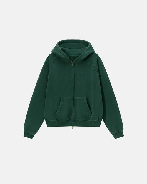 Boxy raglan zip-up hoodie shown from the front