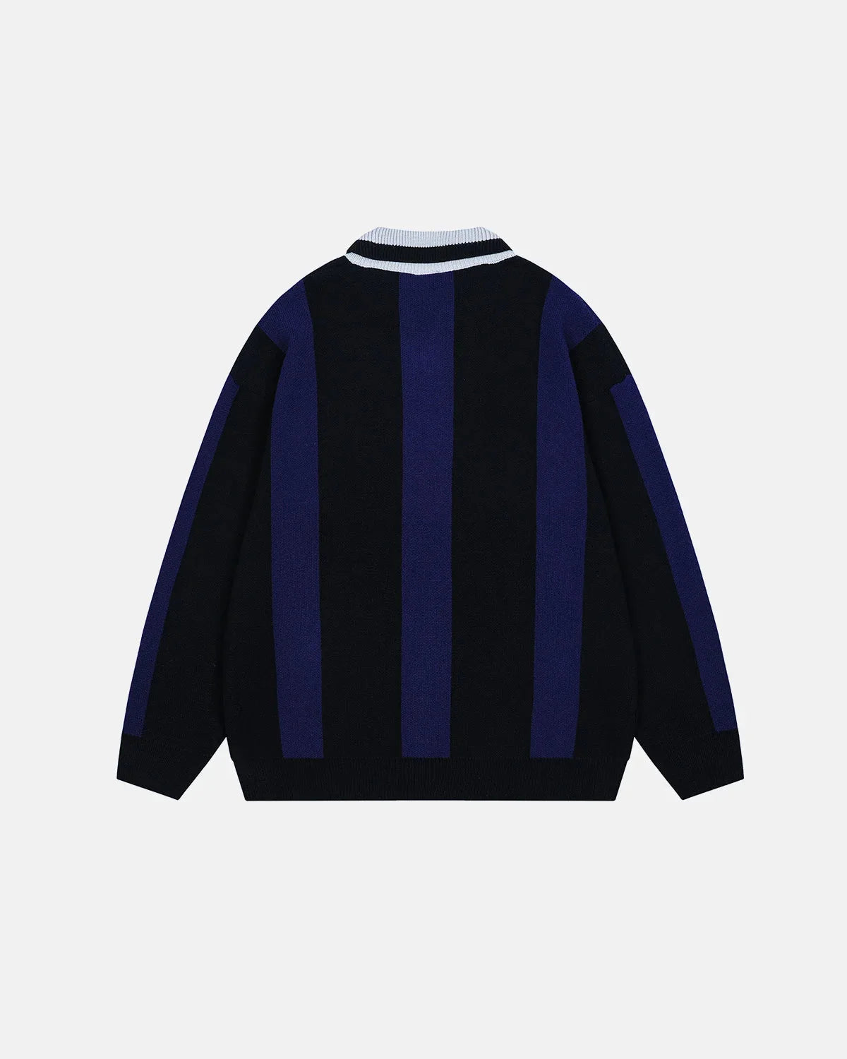 Full view of the striped polo knit sweater on a model
