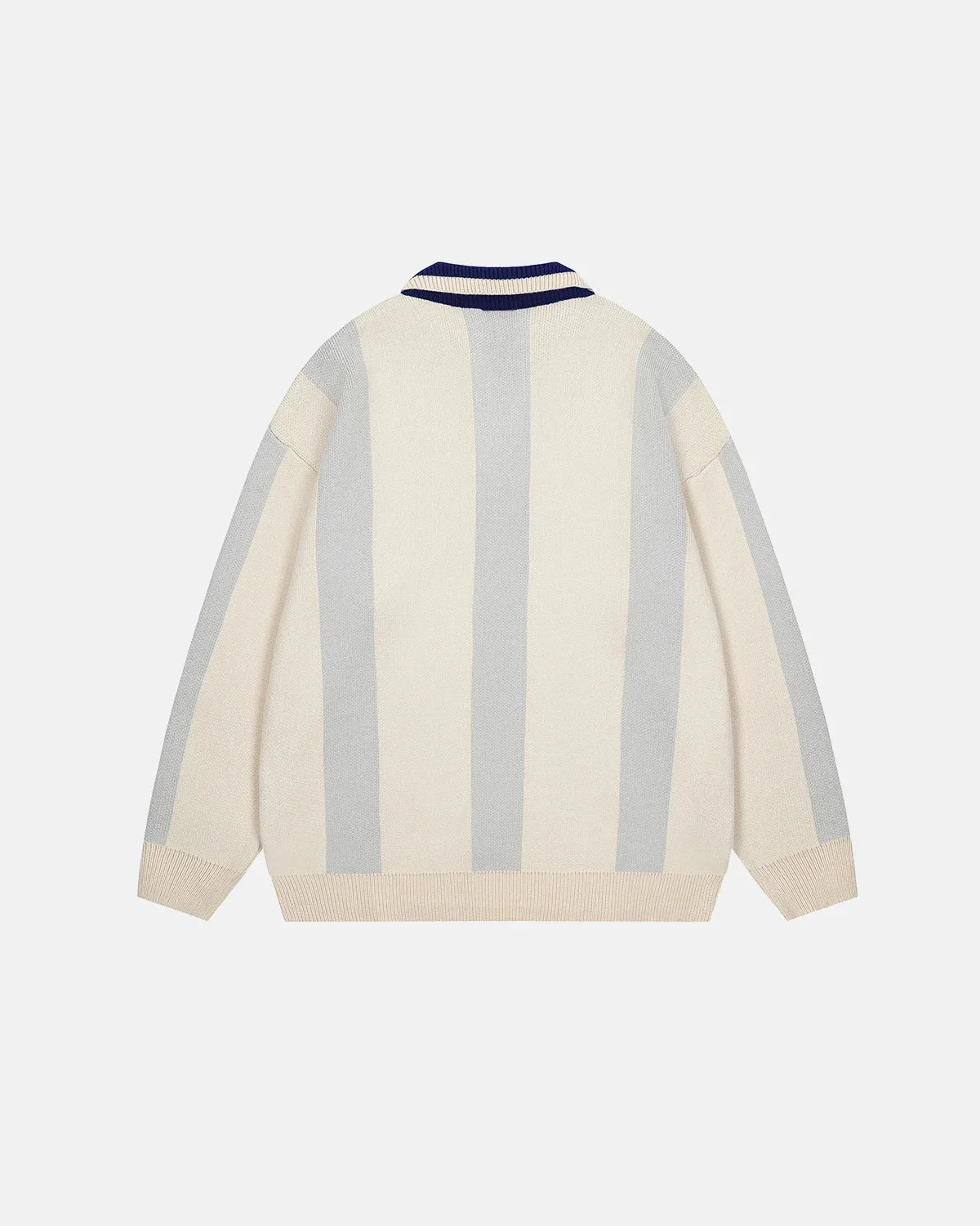 Retro striped polo knit sweater showing the polo collar