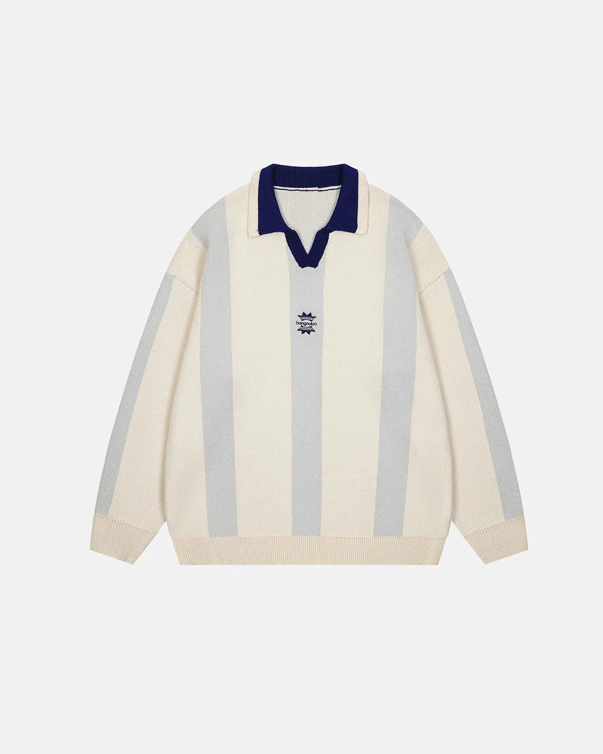 Retro striped polo knit sweater shown from the front