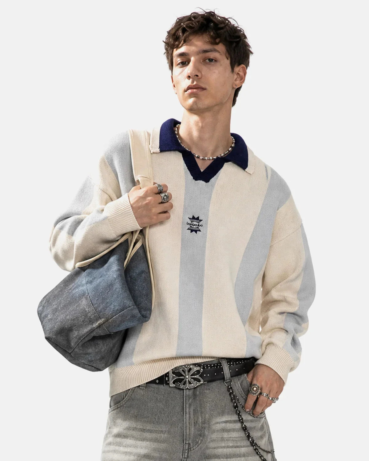 Retro striped polo knit sweater shown from the back