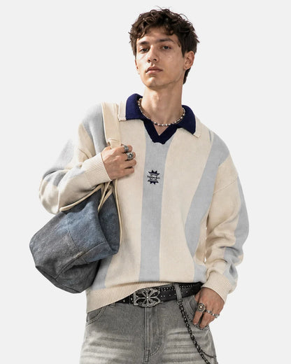 Retro striped polo knit sweater shown from the back
