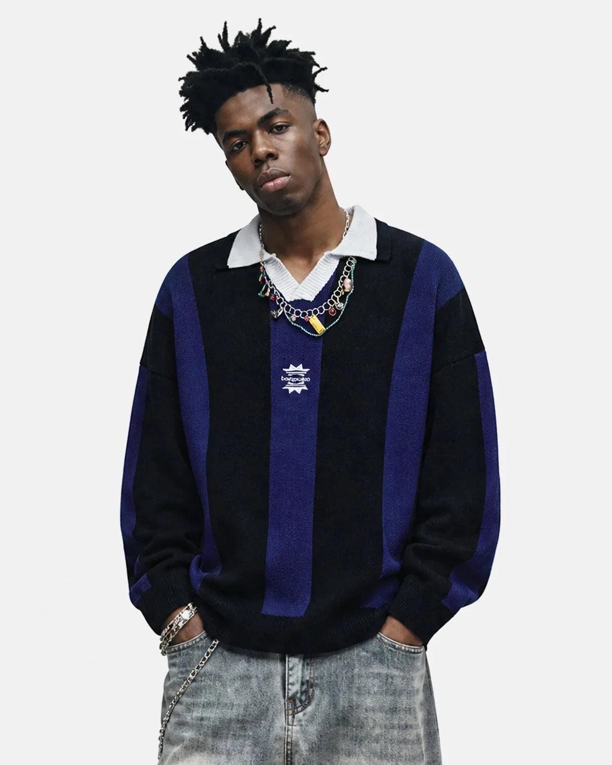 Close-up view of the striped pattern on the knitted sweater