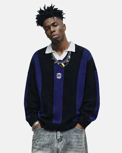 Close-up view of the striped pattern on the knitted sweater