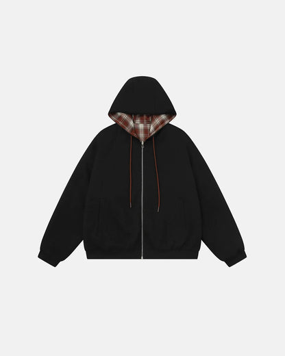 Close-up of the hoodie’s zip-up front and hood