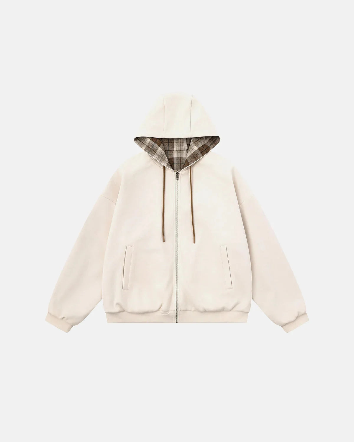 Plaid outer side of the reversible zip-up hoodie