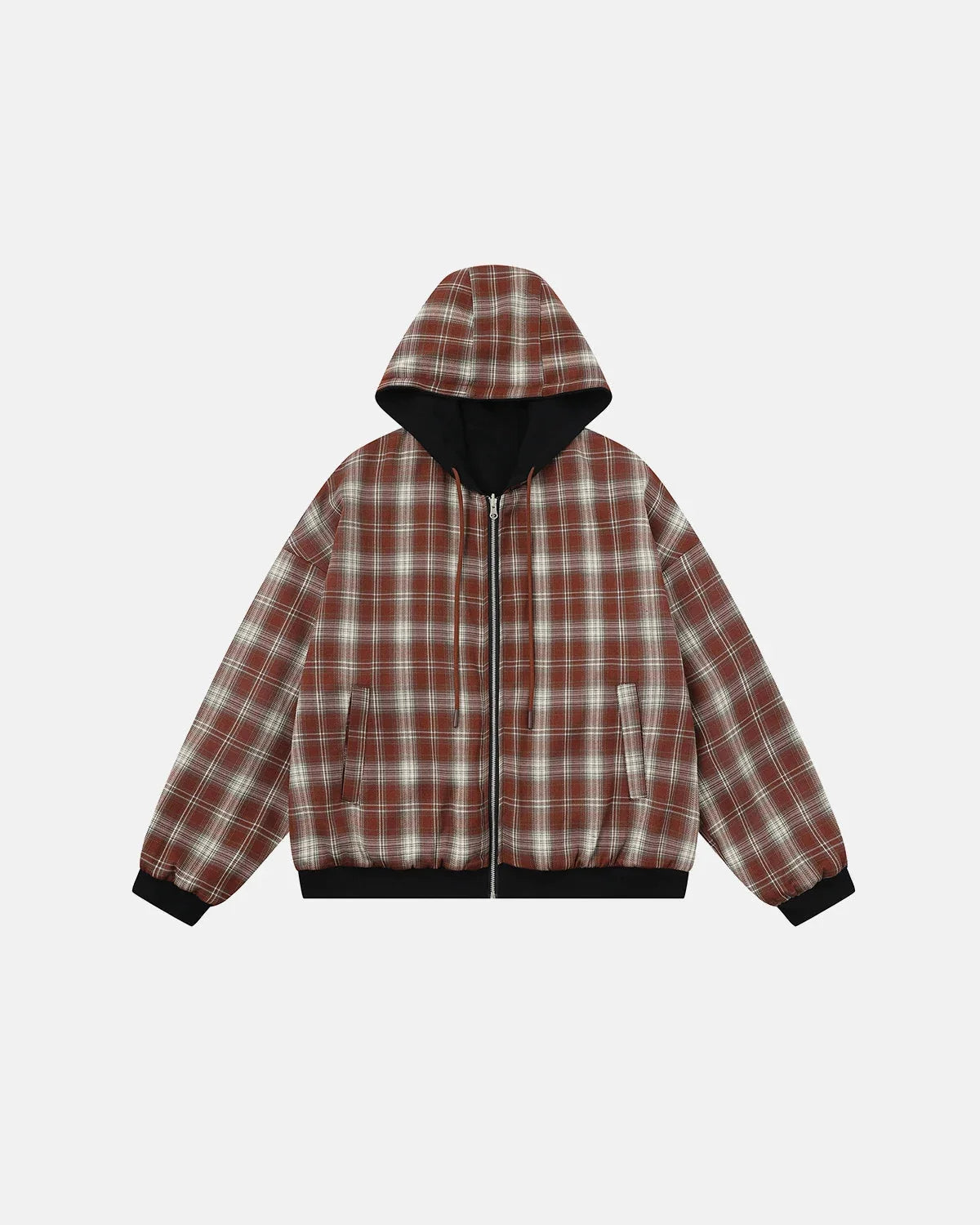 Reversible plaid boxy zip-up hoodie shown from the back
