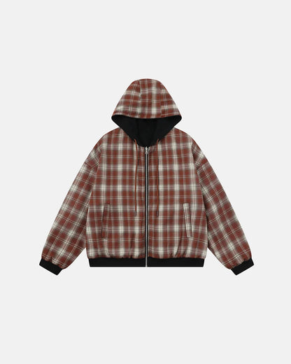 Reversible plaid boxy zip-up hoodie shown from the back