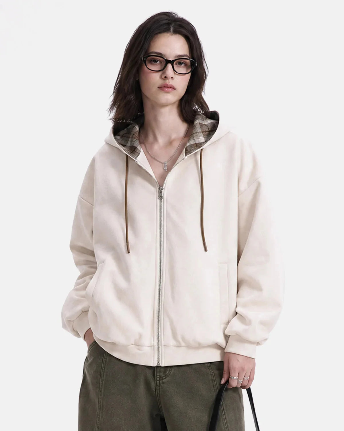 Full-length view of the casual reversible hoodie