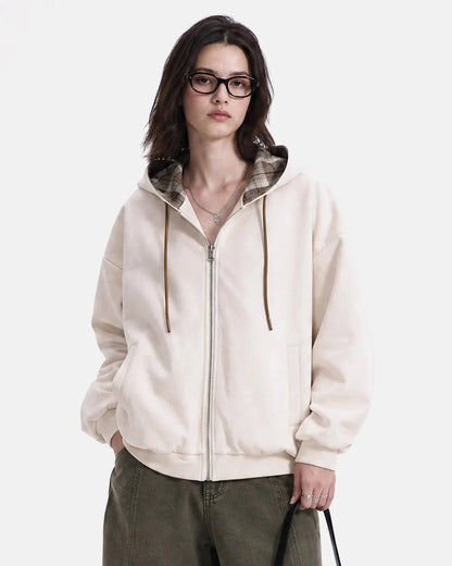 Full-length view of the casual reversible hoodie