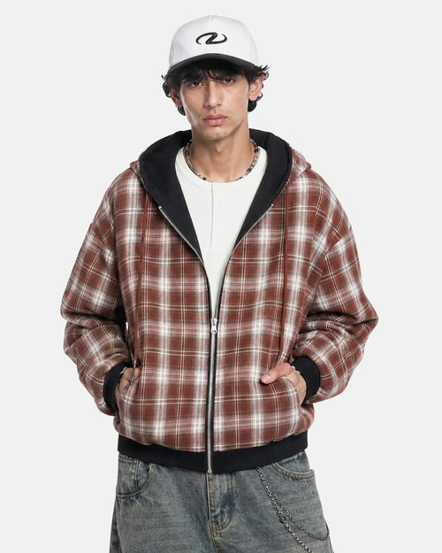Reversible plaid boxy zip-up hoodie shown from the front