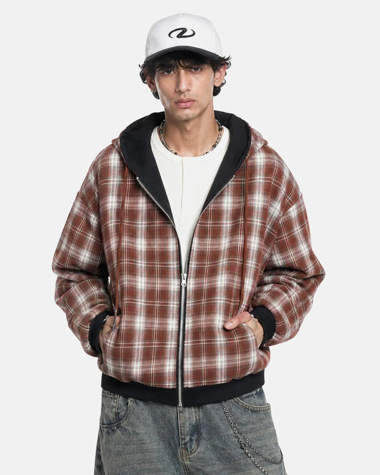Reversible plaid boxy zip-up hoodie shown from the front