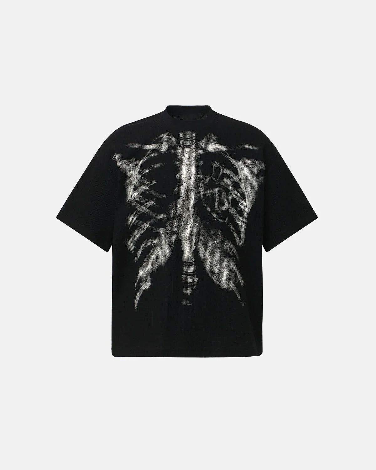 Close-up of the ribcage graphic on the waffle knit T-shirt