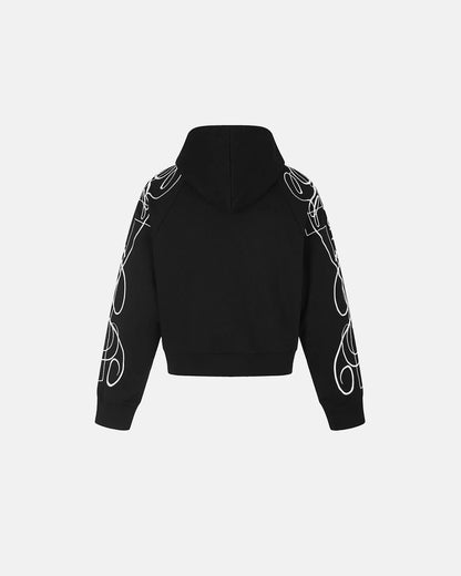 Close-up of the script graphic on the zip-up hoodie