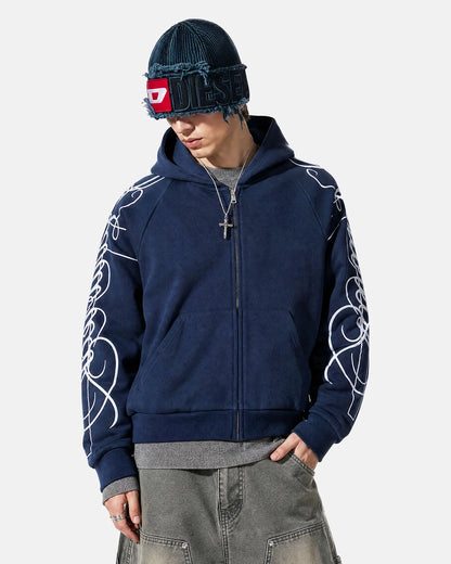 Graphic zip-up hoodie styled as a casual everyday layer