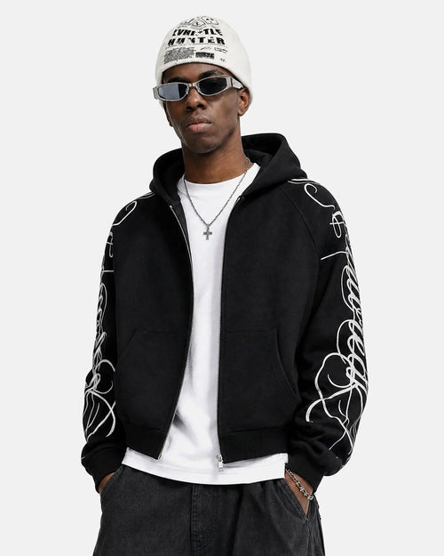 Graphic raglan sleeve zip-up hoodie shown from the front