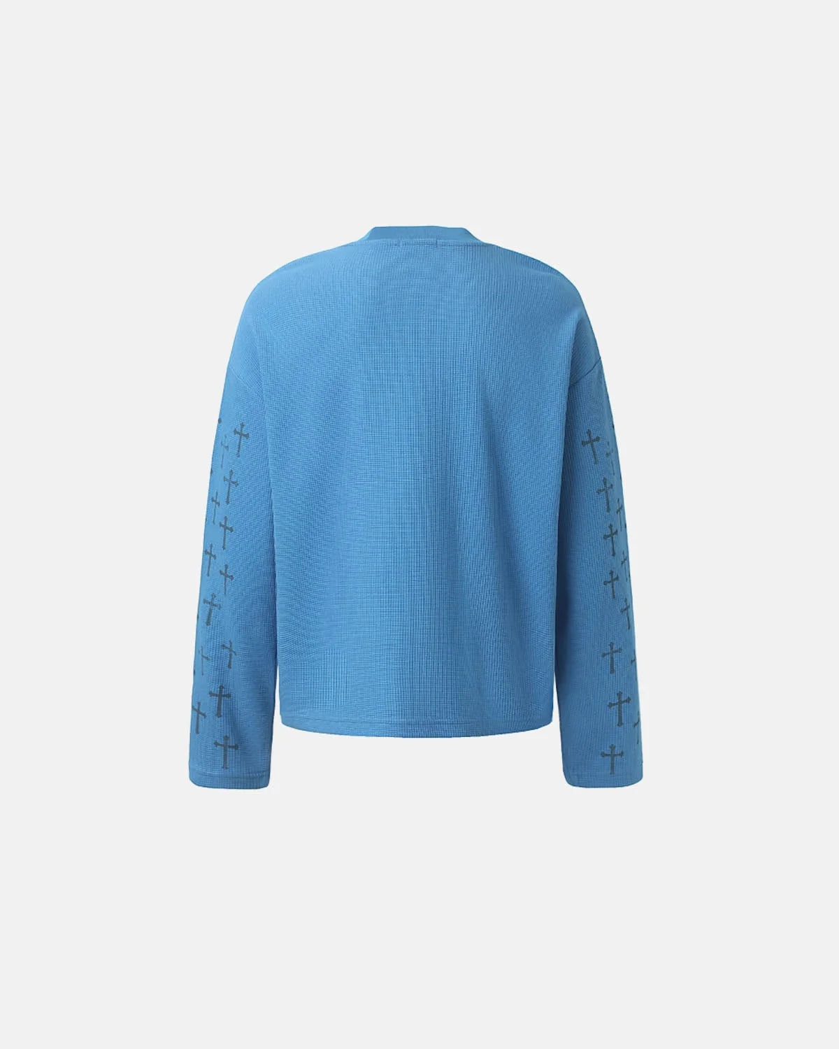 Waffle-textured fabric visible on a graphic long-sleeve T-shirt