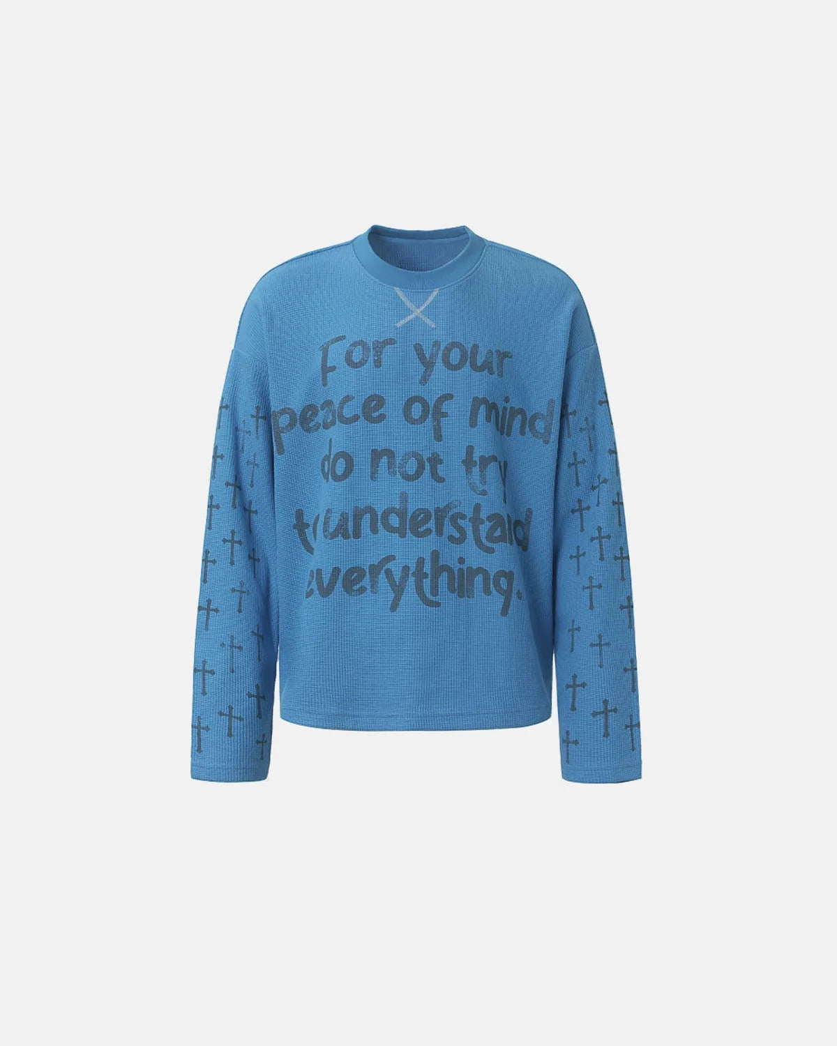 Close-up of the graphic design on a waffle long-sleeve T-shirt