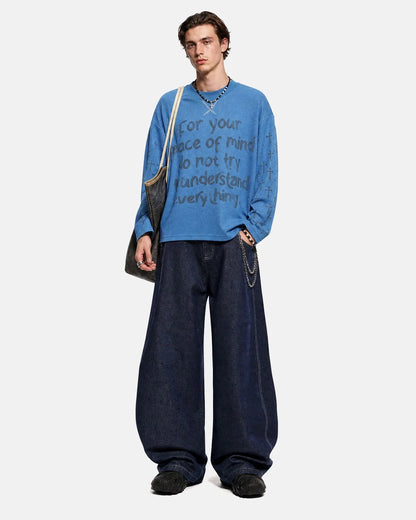 Side view of a graphic waffle long-sleeve T-shirt