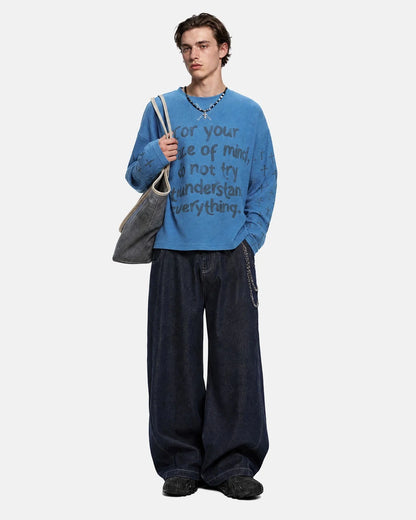 Long sleeves and crew neckline on a graphic waffle T-shirt