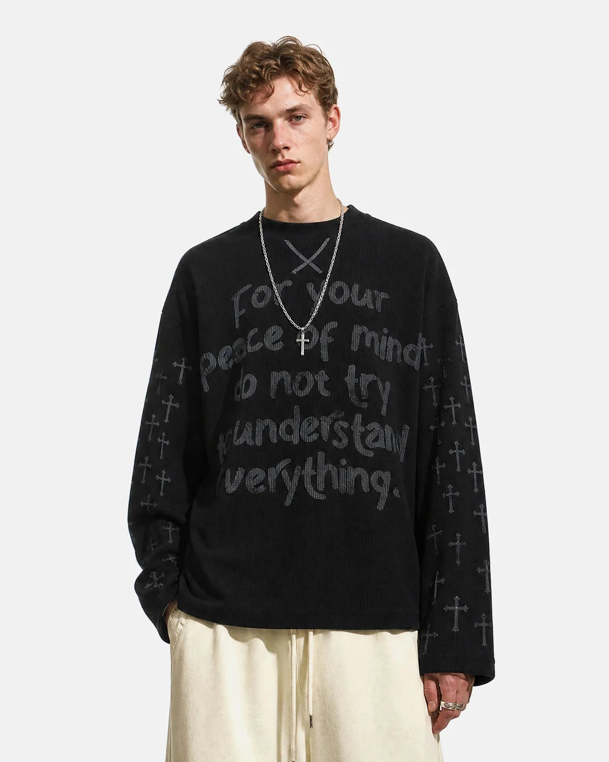 Full view of the graphic waffle long-sleeve T-shirt