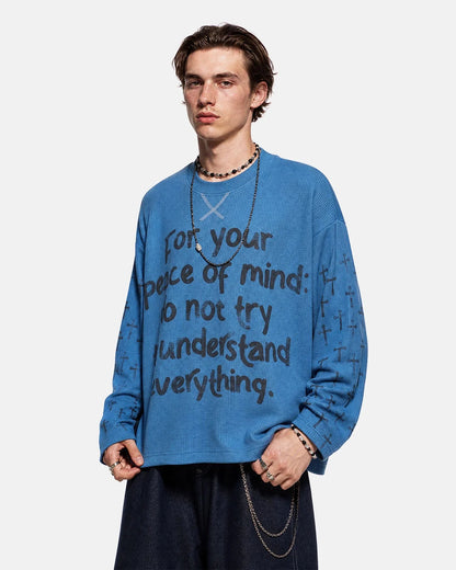 Graphic long-sleeve T-shirt shown from the back