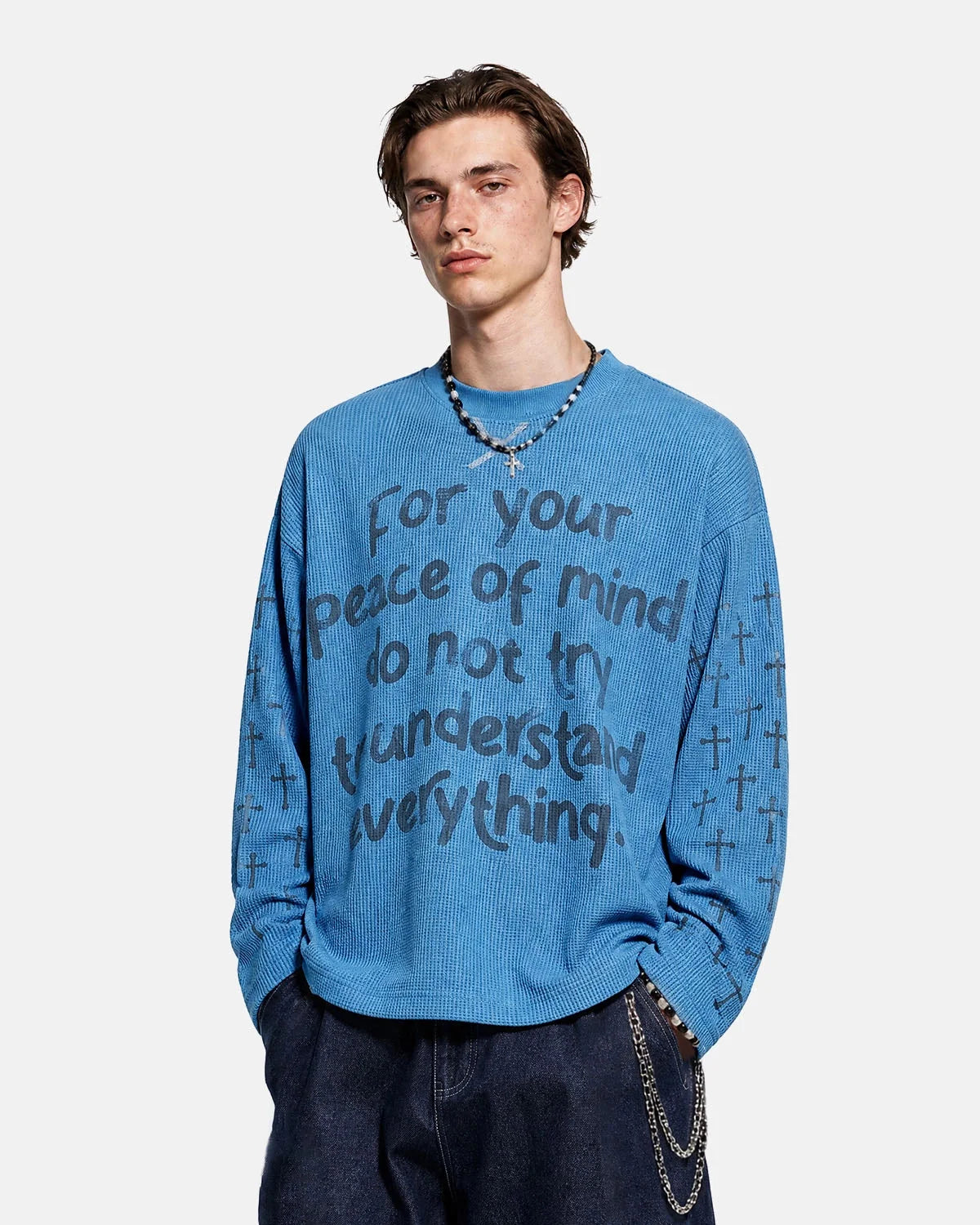 Graphic waffle long-sleeve T-shirt shown from the front
