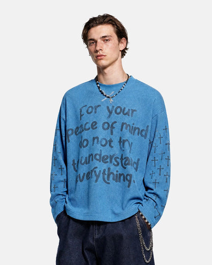 Graphic waffle long-sleeve T-shirt shown from the front