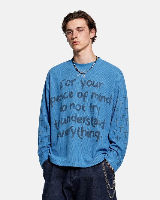 Graphic waffle long-sleeve T-shirt shown from the front