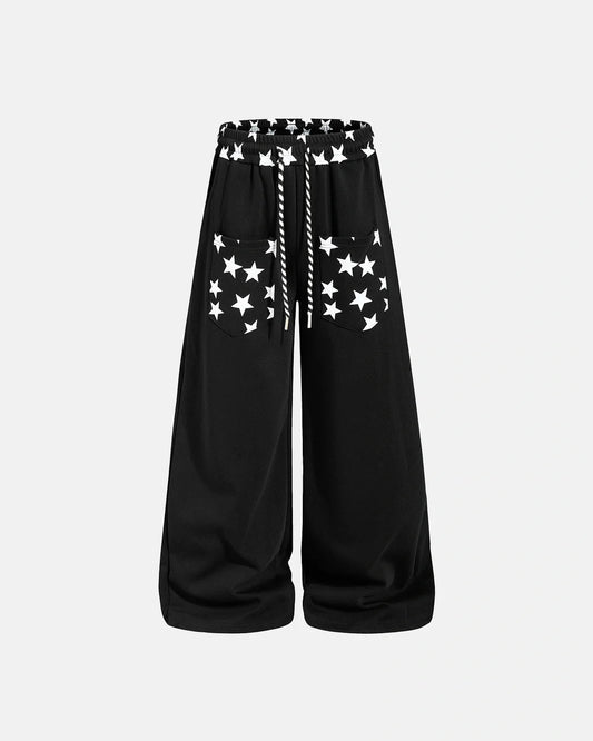 Star graphic barrel-leg joggers shown from the front
