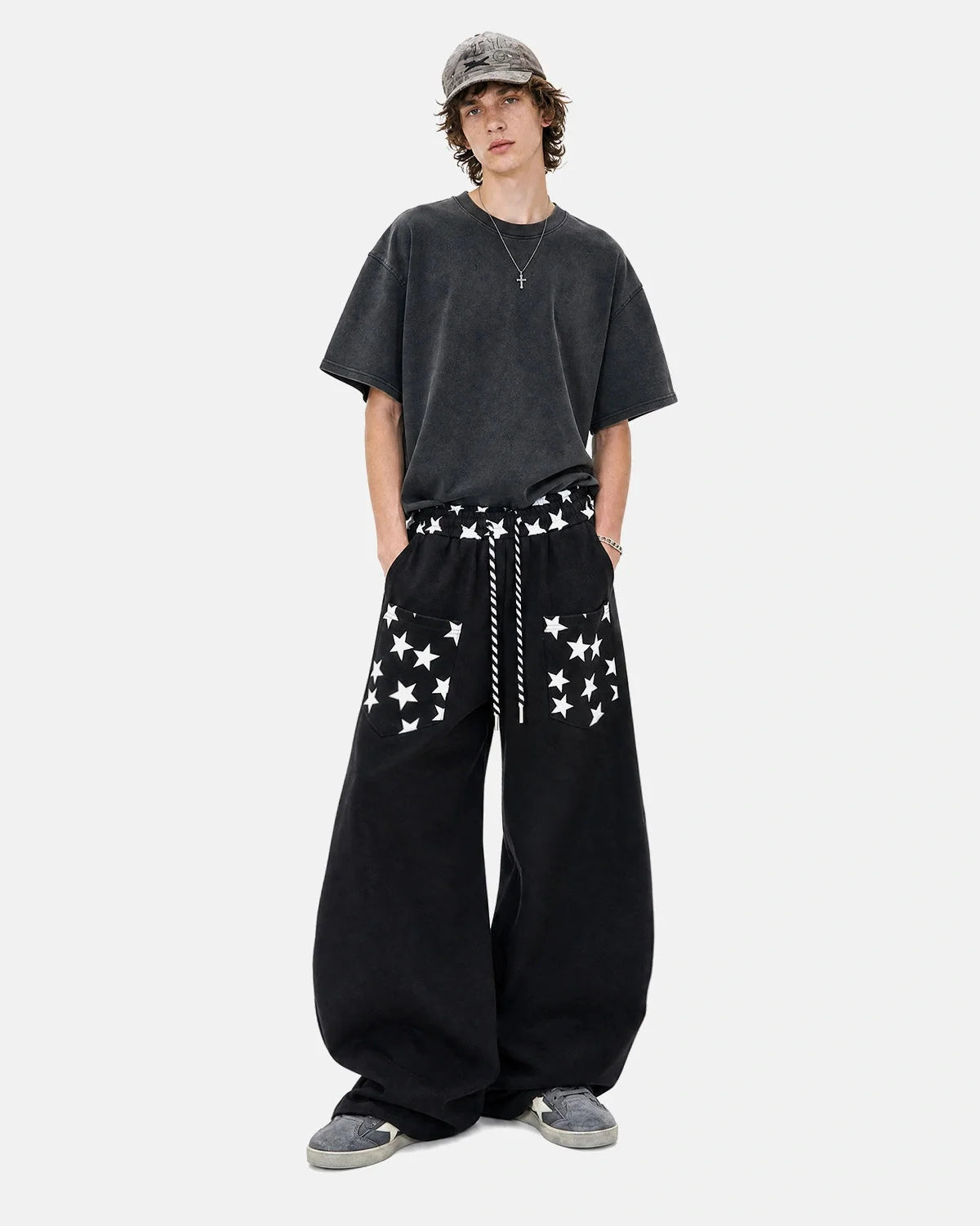 Close-up of the star graphic on the barrel-leg joggers