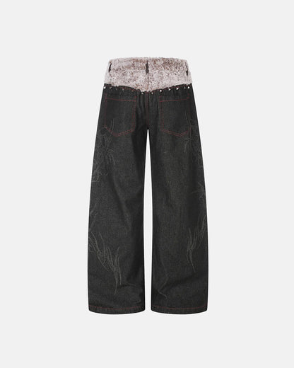 Close-up of the studded faux fur waistband on baggy jeans