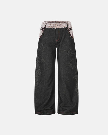 Studded faux fur waistband baggy jeans shown from the front