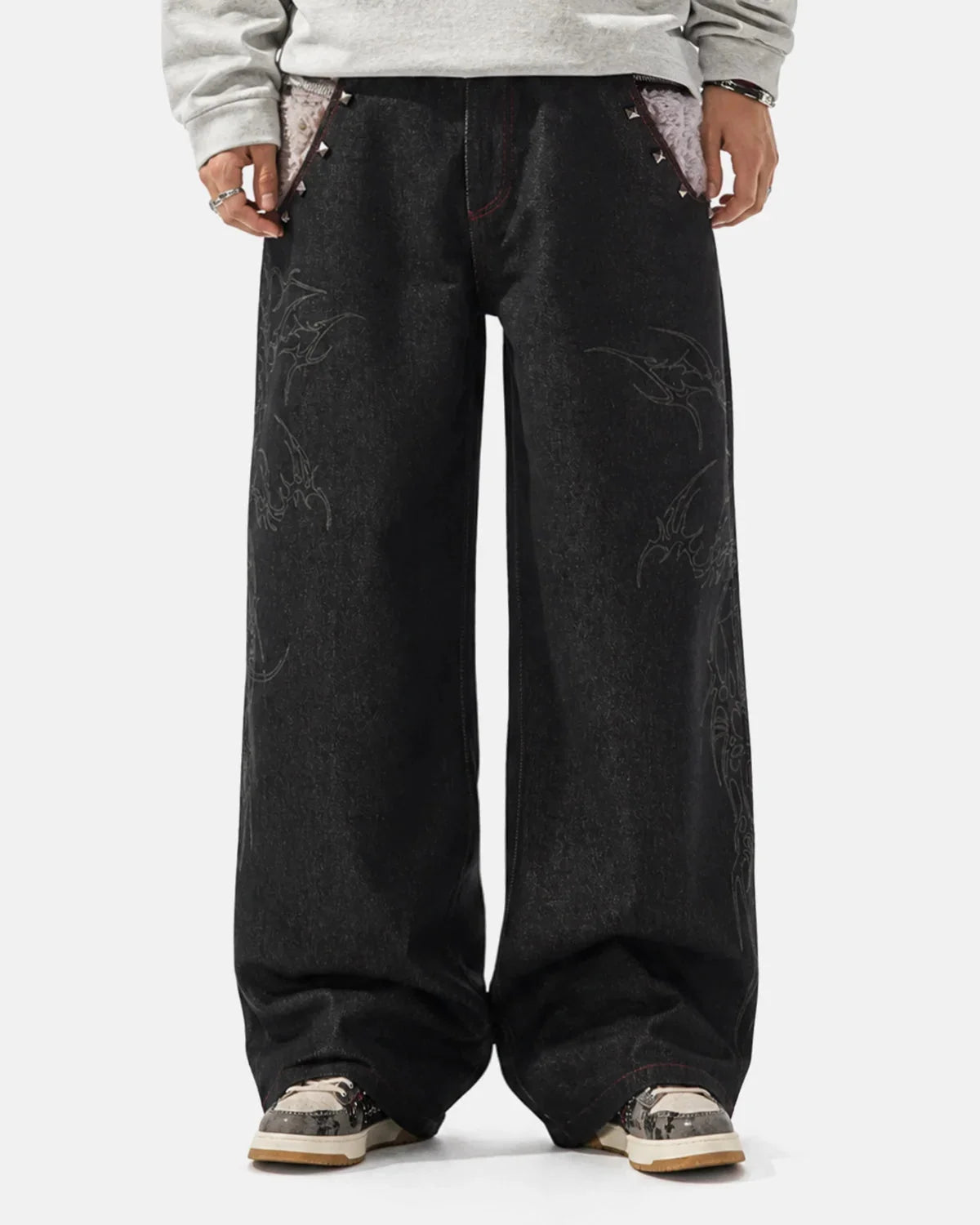 Side view of baggy jeans showing the faux fur waistband