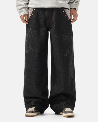 Side view of baggy jeans showing the faux fur waistband