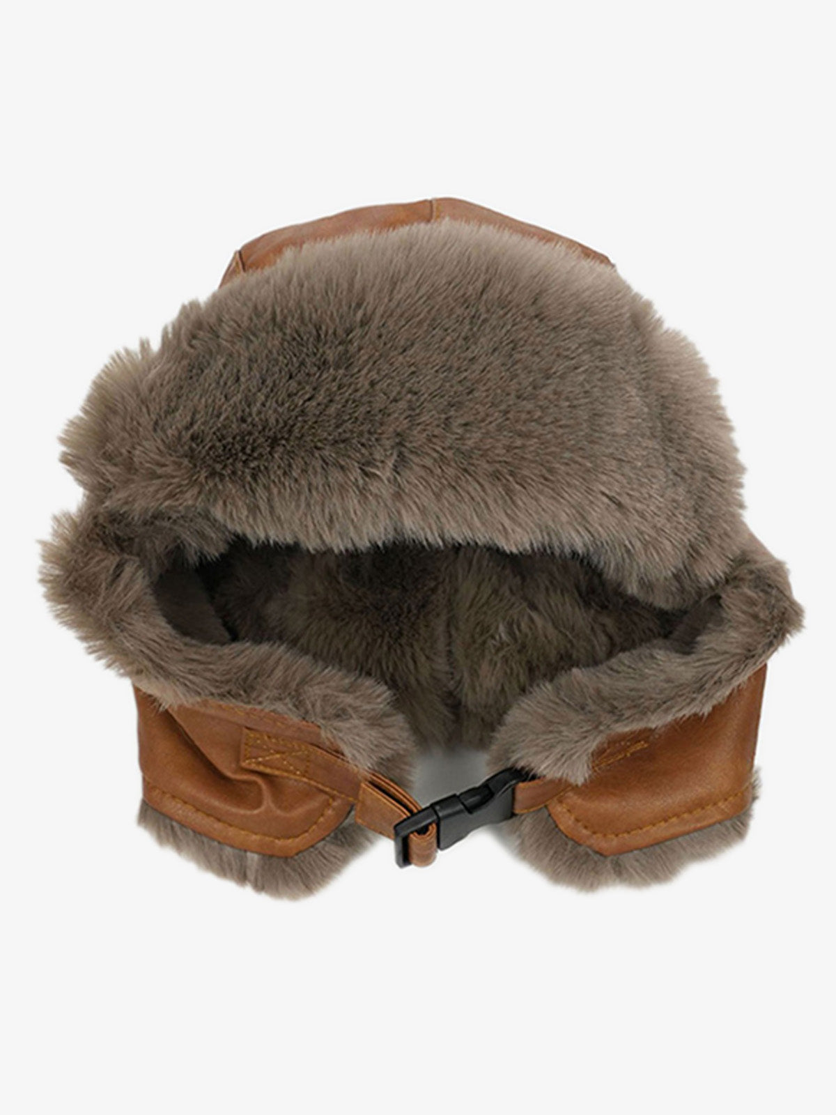 Warm leather trapper hat styled as winter outdoor headwear
