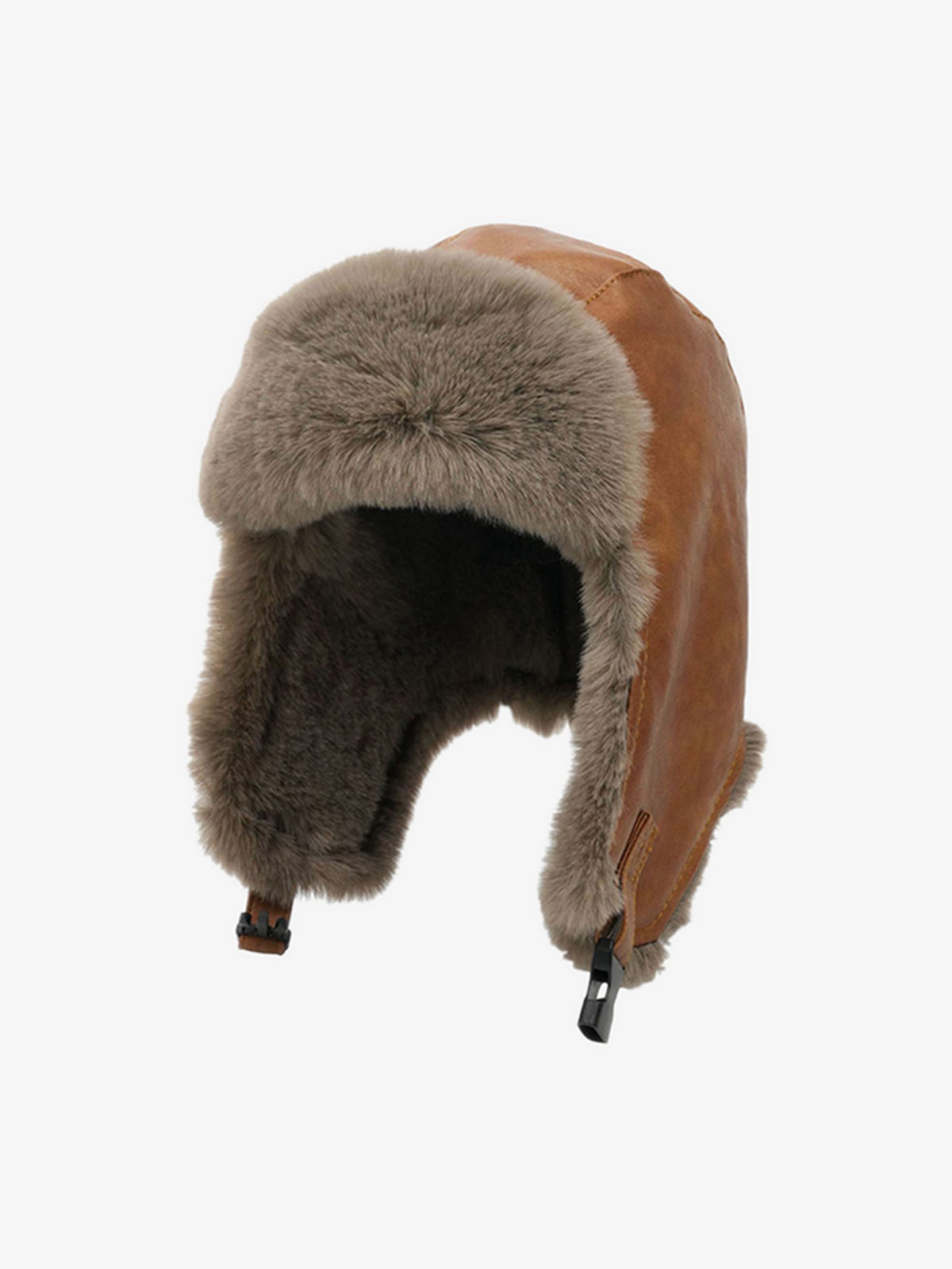 Side view of a distressed leather trapper hat with ear flaps