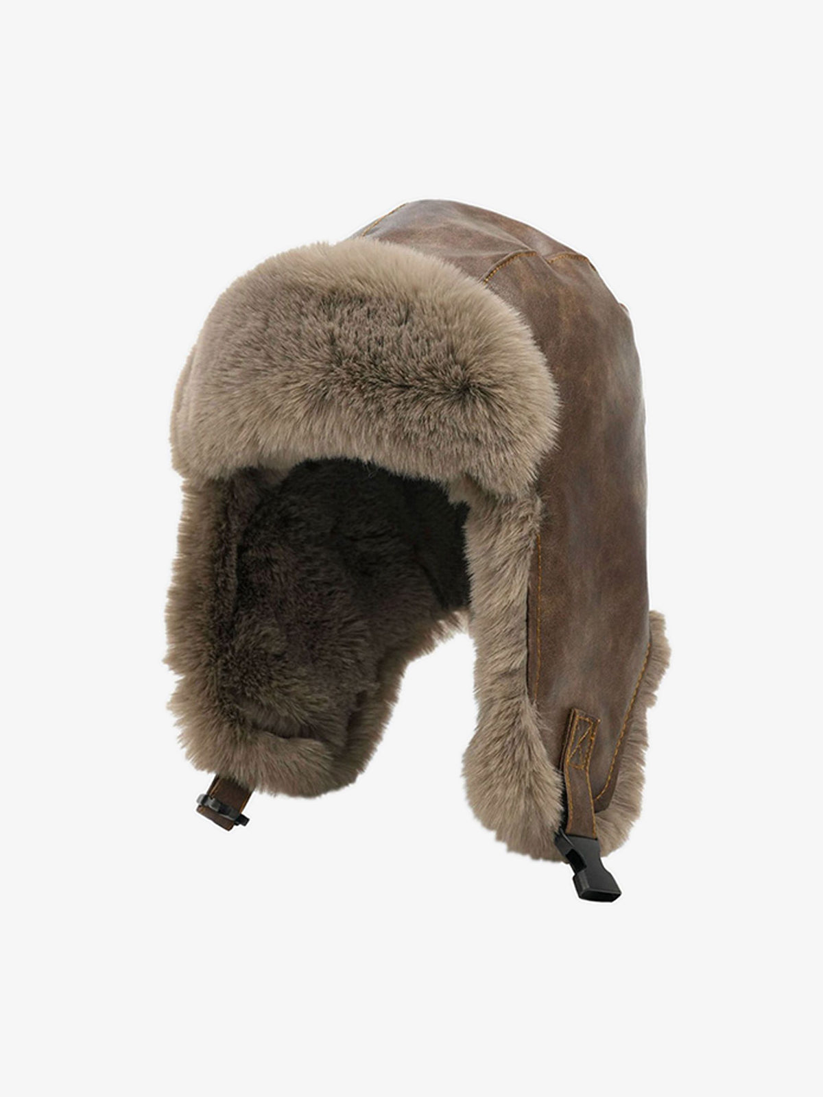 Distressed leather trapper hat with plush lining shown from the front