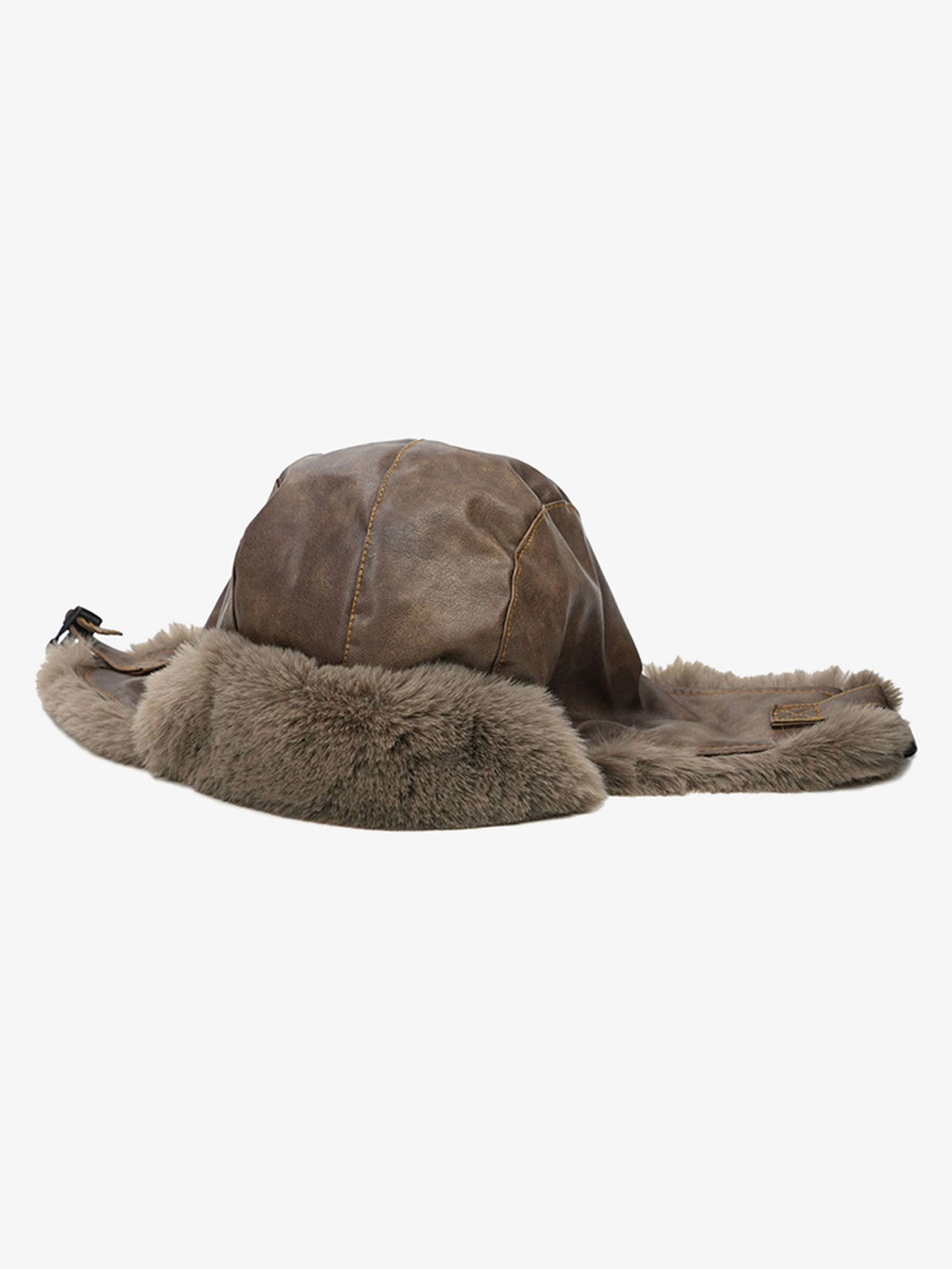 Front detail of the leather hat with a plush-lined crown