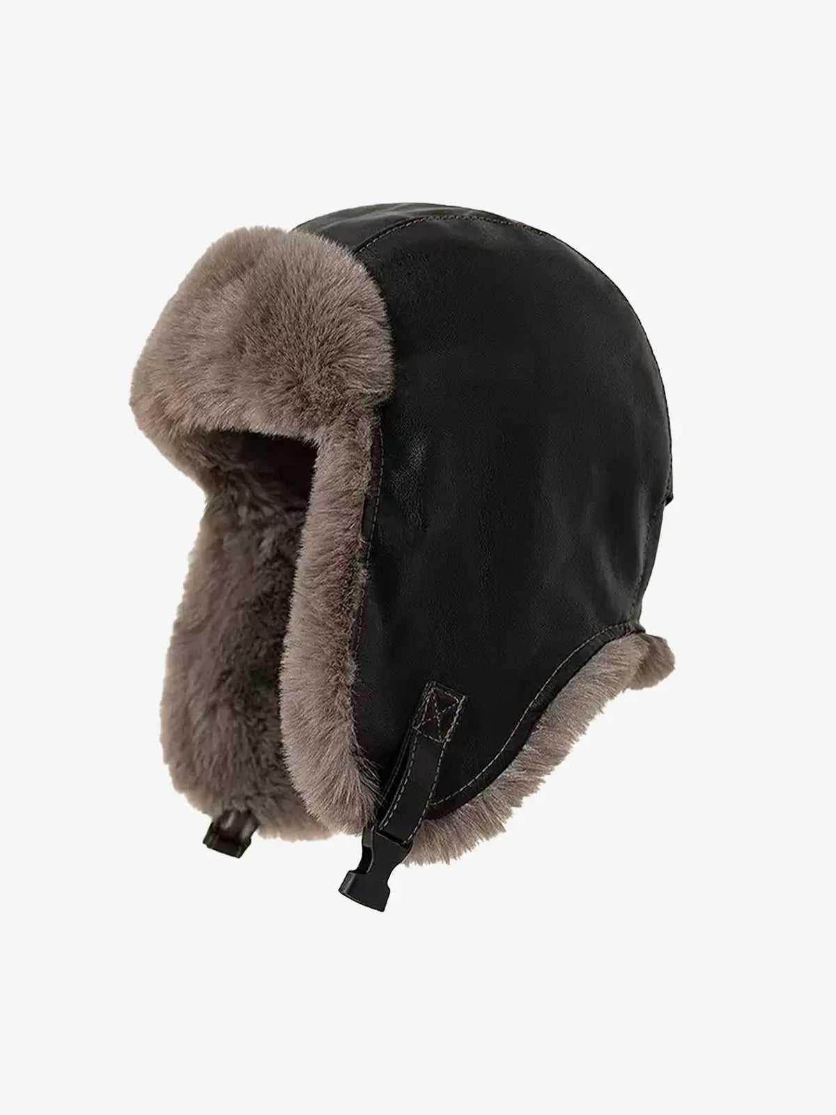Rear view of a leather trapper hat showing its plush lining