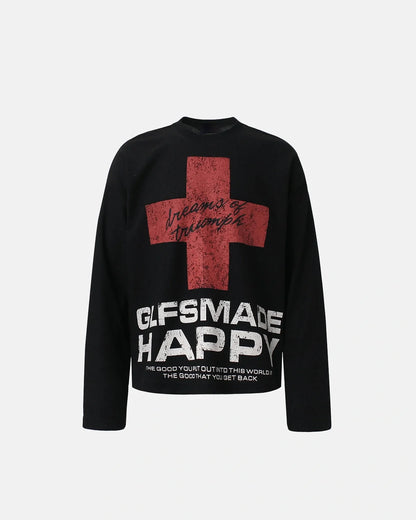 Distressed Graphic Waffle Knit Long Sleeve T-Shirt