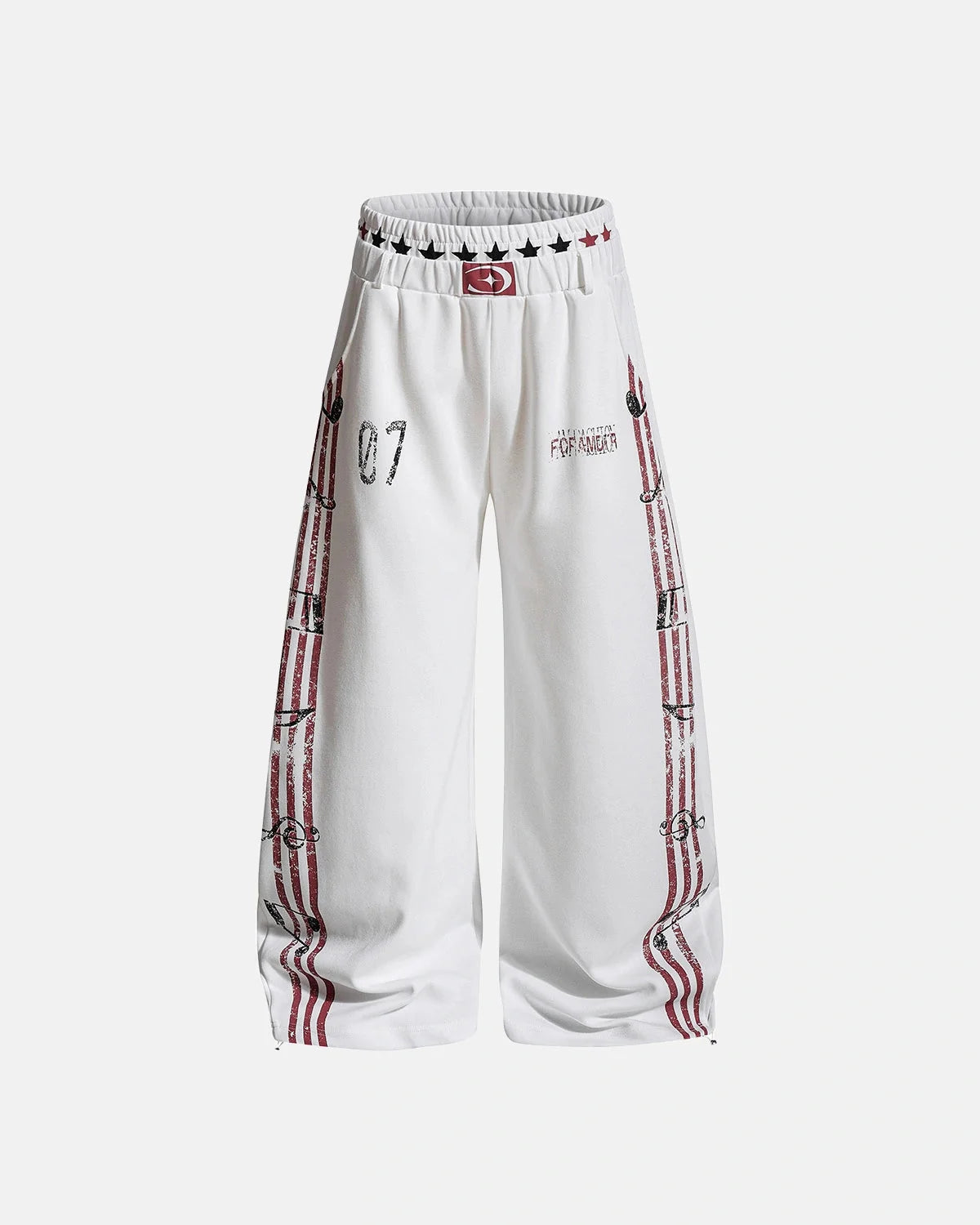 Music graphic barrel-leg joggers shown from the front