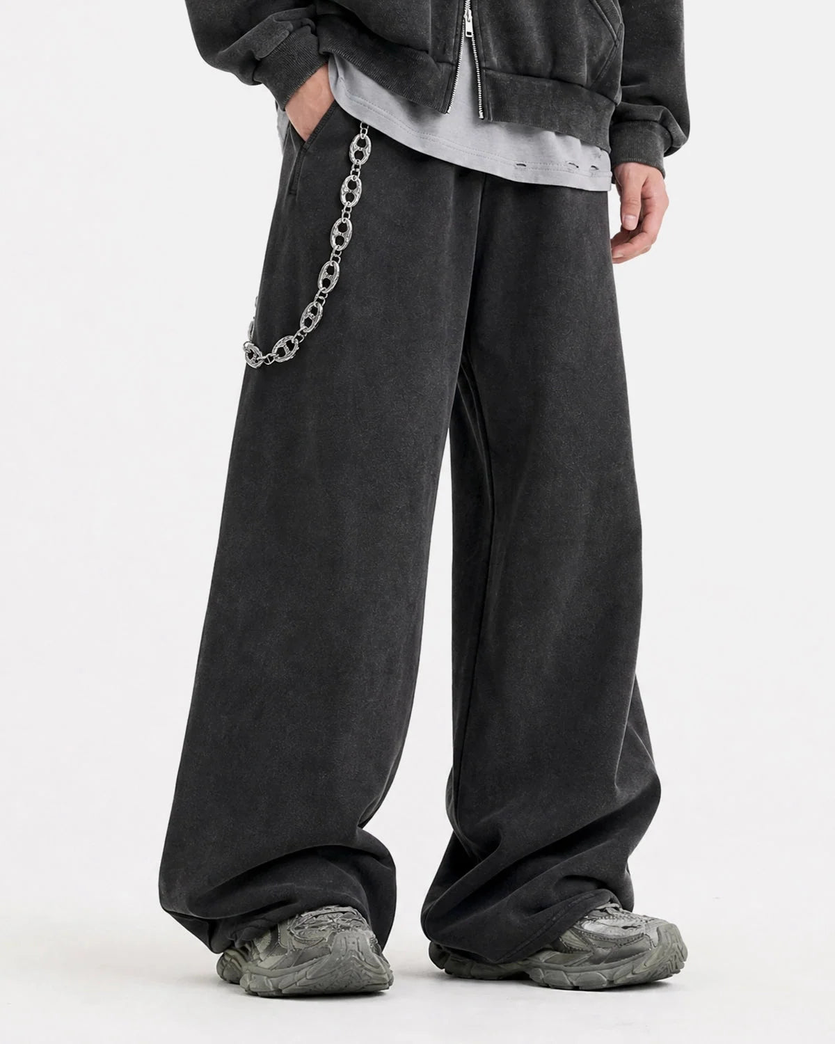 Full-length view of casual wide-leg sweatpants